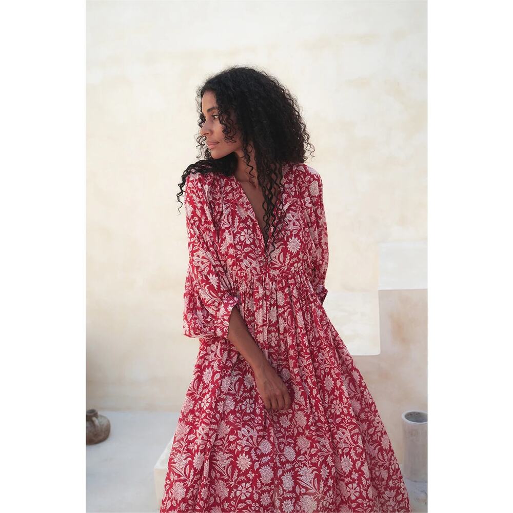 DAUGHTERS OF INDIA NWT Kyra Midi Dress Saffron Red Sz XL Block Print 100% Cotton - Picture 6 of 14